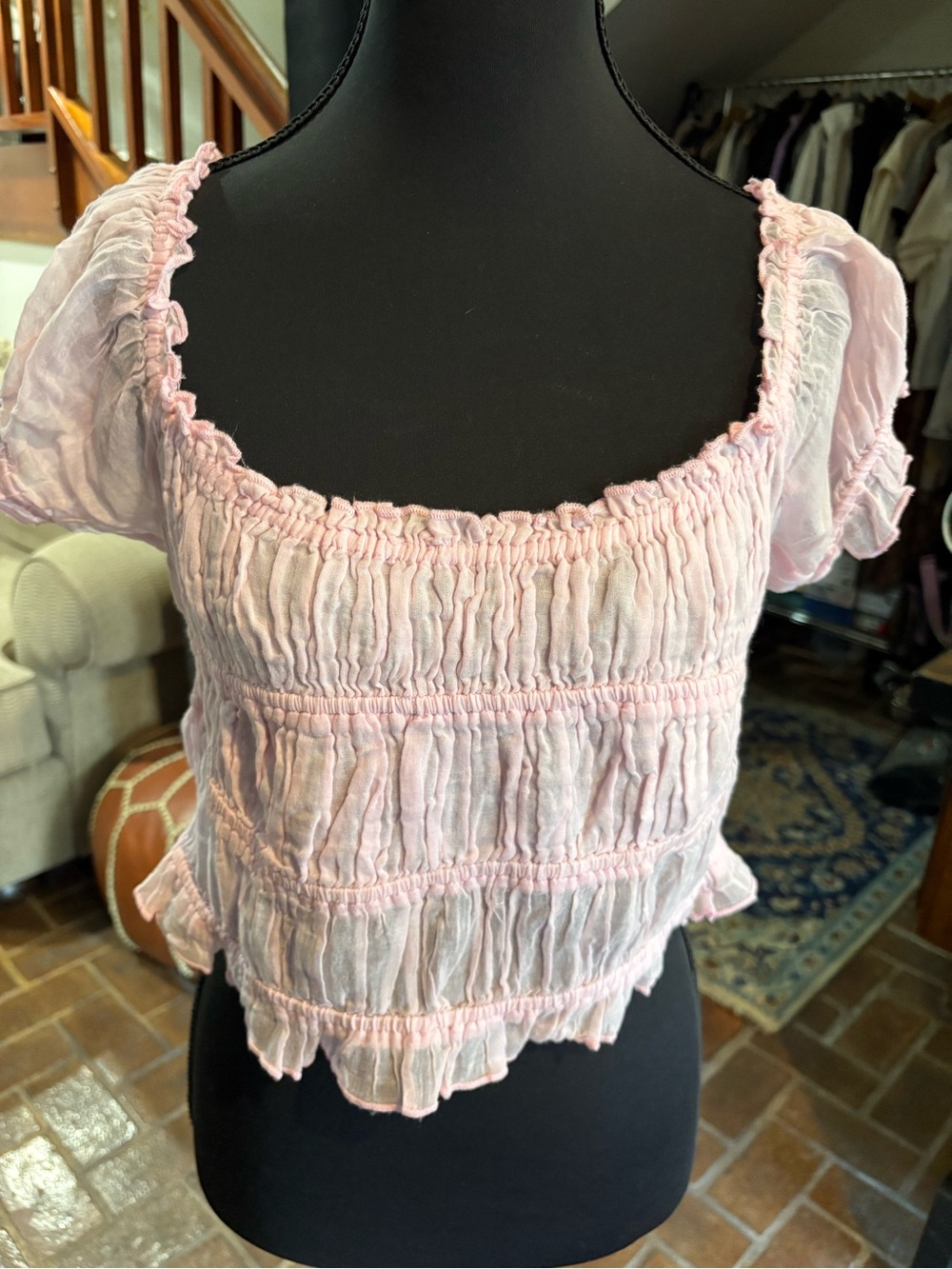 Free People Smocked Puff-Sleeve Crop Top - Light Pink
